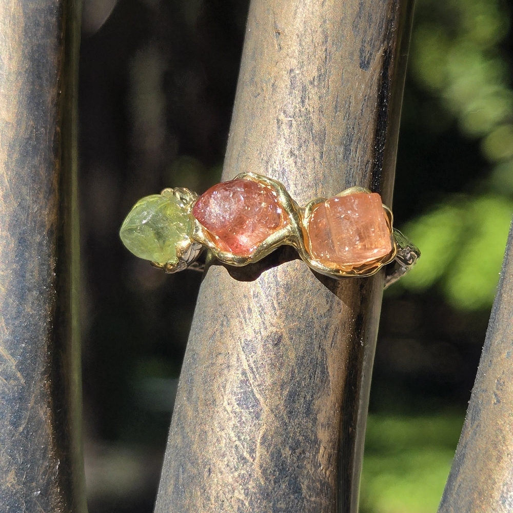 Tourmaline Natural Tri-color Gemstone Sterling & Gold Ring Sz7 - Picture 1 of 8